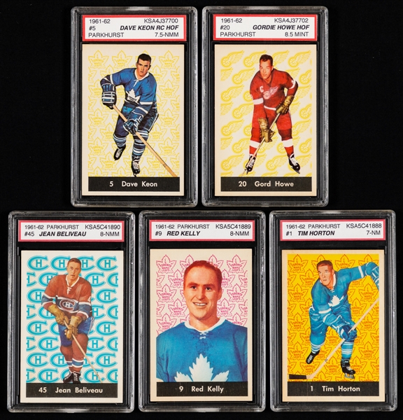 1961-62 Parkhurst Hockey Complete 51-Card Set with KSA-Graded Cards (5) Inc. HOFers #1 Horton, #5 Keon Rookie, #9 Kelly, #20 Howe and #45 Beliveau