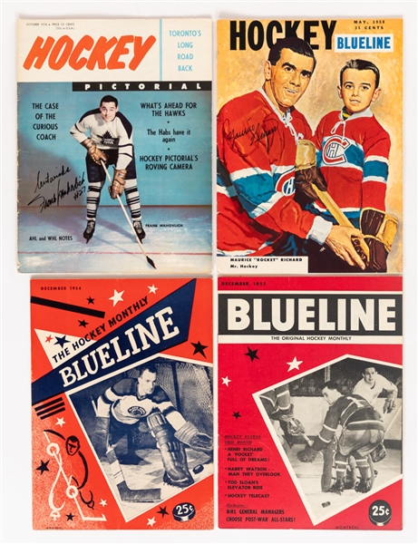 Vintage 1950s to 1970s Hockey Blueline (8) and Hockey Pictorial (15) Magazine Collection of 23 including Covers Signed by Maurice Richard and Frank Mahovlich