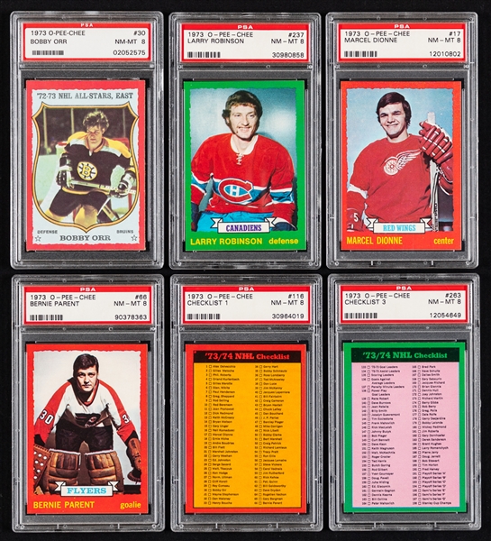 1973-74 O-Pee-Chee Hockey Graded Cards (126) with PSA-Graded Cards (123 - All Graded PSA 8 or Better Inc. #30 HOFer Orr All-Star, #237 HOFer Robinson Rookie, #116 Checklist 1 and #263 Checklist 