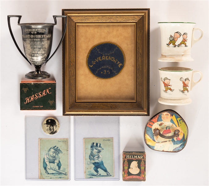 Antique 1880s to 1930s Baseball Item Collection of 18 including Mugs, Tins, Trade Cards, a Trophy and More 