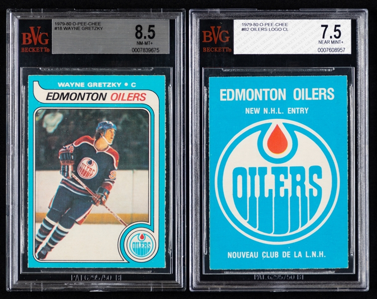 1979-80 O-Pee-Chee Hockey Complete 396-Card Set Including #18 HOFer Wayne Gretzky Rookie Card (Graded BVG 8.5) and #82 Edmonton Oilers Checklist (Graded BVG 7.5)