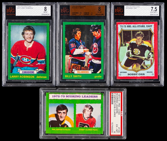 1973-74 O-Pee-Chee Hockey Complete 264-Card Set with Graded Cards (4) Including #237 HOFer Larry Robinson Rookie (BVG 8), #142 HOFer Billy Smith Rookie (BVG 8) and #30 HOFer Bobby Orr (BVG 7.5)