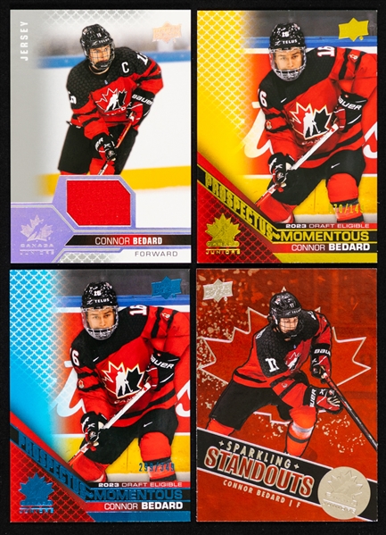 2022 Upper Deck Team Canada Juniors Connor Bedard Hockey Cards (14) Inc. #23 Jersey, #PM-12 Prospectus Momentous (070/149 & 299/349) and #SS-12 Sparkling Standouts