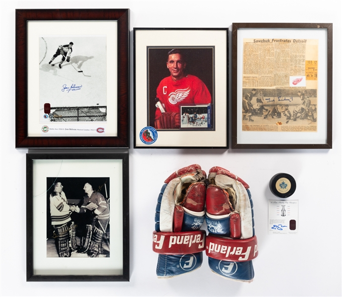 NHL Miscellaneous Lot with Jacques Lapierre Canadiens Coaching Gloves, Ted Lindsay Signed Framed Photos (2), Jean Béliveau Québec Aces Signed Framed Photo and More 