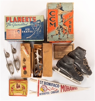 Antique Skate and Box Collection including 1910s CCM Skate Blades (2) and 1930s CCM Skate Laces 