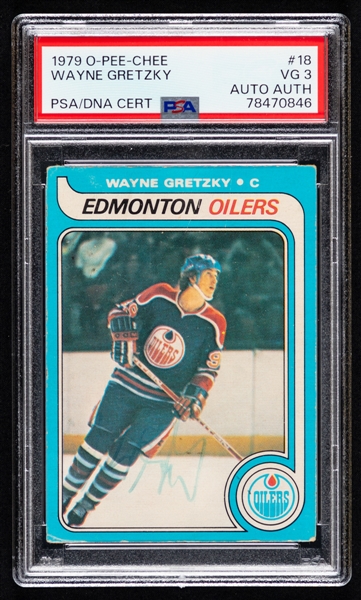 1979-80 O-Pee-Chee Hockey #18 HOFer Wayne Gretzky Signed Rookie Card - Graded PSA 3 (PSA/DNA Auto Authentic)