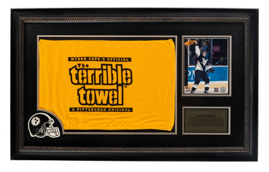 Sidney Crosbys "The Terrible Towel" Pittsburgh Penguins Signed Framed Display with COA (27" x 44") 