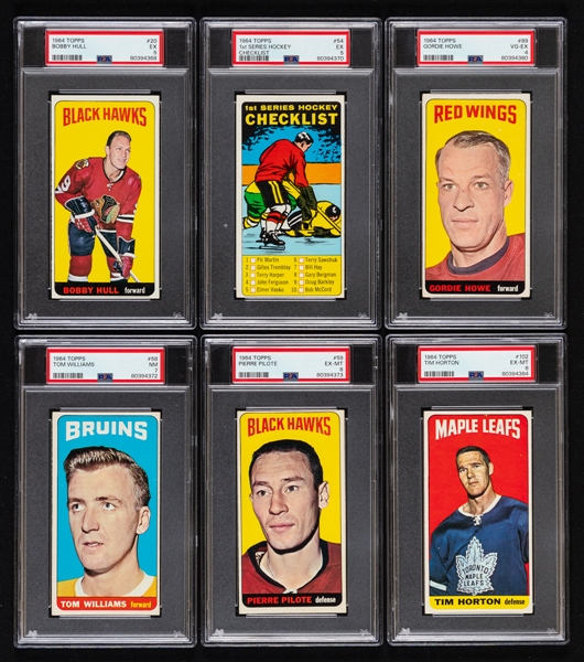 1964-65 Topps Hockey Tall Boys Complete 110-Card Set with PSA-Graded Cards (20) Including #20 Hull (EX 5), #54 Checklist (EX 5), #58 Williams SP (NM 7), #59 Pilote SP (EX-MT 6) and #89 Howe (VG-EX 4)