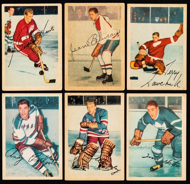 1953-54 Parkhurst Hockey Near Complete Card Set (96/100) Including Rookie Cards of HOFers Beliveau, Worsley, Bathgate and Howell Plus Album