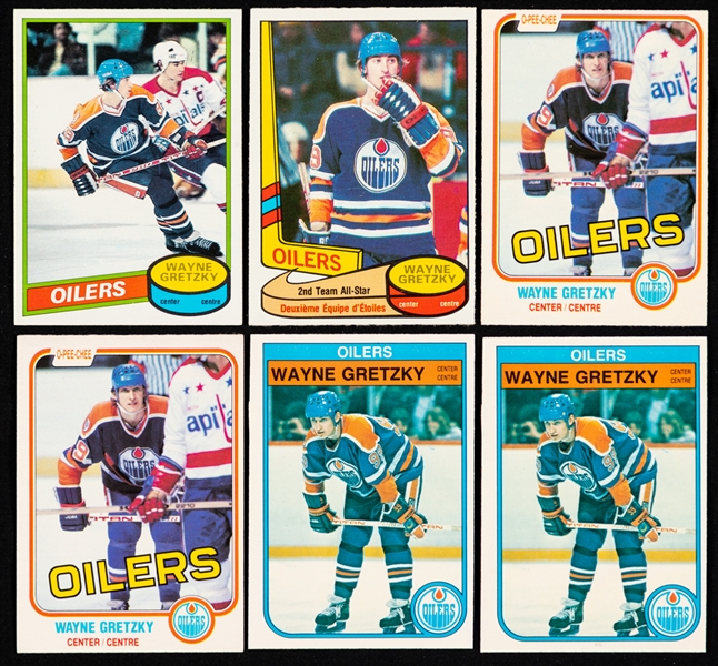1980s O-Pee-Chee Edmonton Oilers Hockey Card (28) Inc. 1980-81 OPC #250 Wayne Gretzky, 1981-82 OPC #106 Gretzky (2), 1981-82 OPC #107 Jari Kurri Rookie and 1981-82 OPC #111 Paul Coffey Rookie (4)