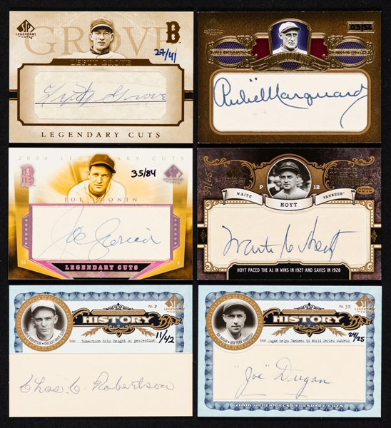 2001 to 2007 SP Legendary Cuts Autograph & Others Baseball Cards (25) Inc. Lefty Grove (27/41), Rube Marquard (03/52), Joe Cronin (35/84), Waite Hoyt (39/65), C. Robertson (11/42) & Joe Dugan (24/25) 