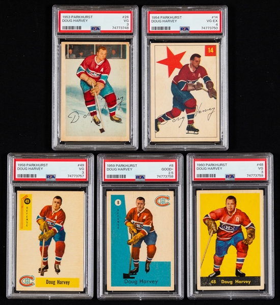 1953-54 to 1960-61 Parkhurst PSA-Graded Hockey Cards (5) of HOFer Doug Harvey