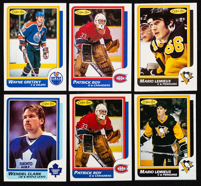1986-87 O-Pee-Chee Hockey Complete 264-Card Set Plus Box Bottoms 16-Card Set and Patrick Roy Box Front Blank Back Hand-Cut Card