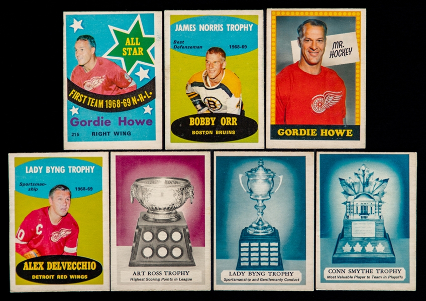 1969-70 O-Pee-Chee Hockey Cards (7) Including Cards of HOFers Bobby Orr and Gordie Howe (2)