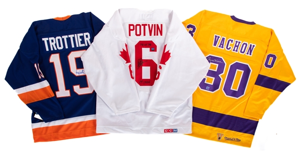 HOFers Rogie Vachon Los Angeles Kings, Bryan Trottier New York Islanders and Denis Potvin Limited-Edition Canada Cup 1976 Signed Jerseys (3) with JSA Auction LOA