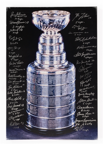 Montreal Canadiens Signed Stanley Cup Print on Canvas by 34 Cup-Winners with Annotations Including HOFers Beliveau, H. Richard, Lafleur, Moore, Robinson, Shutt, Lapointe, Savard and Others with LOA 