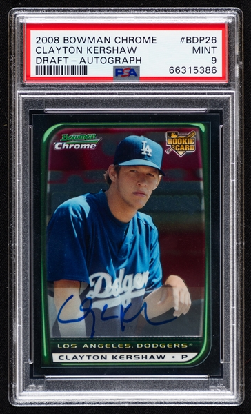 2008 Bowman Chrome Draft Picks and Prospects Autographed Baseball Card #BDP26 Clayton Kershaw Rookie - Graded PSA MINT 9