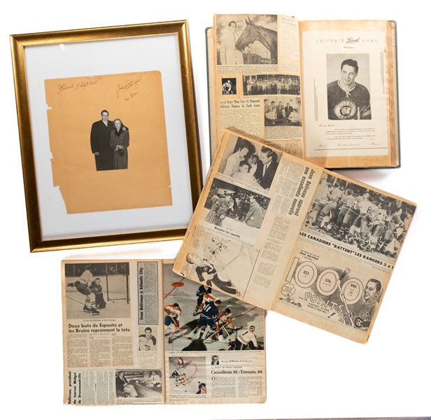 Jean Beliveau Scrapbook Collection of 3 Including Personal Early-1950s QSHL Book Signed by Jean and Mrs. Beliveau with His Signed LOA 