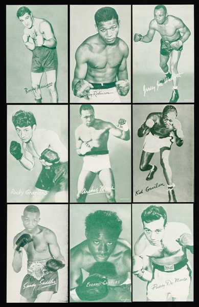 1947-66 Boxing Exhibit Card Collection of 73 (Green Tint) Including Sugar Ray Robinson (2), Rocky Marciano (2), Jersey Joe Walcott (2), Archie Moore (3) and Sandy Saddler (3)