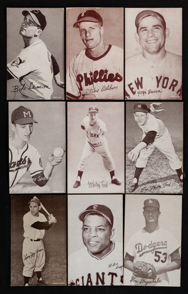 Vintage Baseball Exhibit Cards (26-Blank Backs) Including HOFers (9) and 1963 Baseball Exhibit Cards (75-Stats Red Back) Including HOFers (17) - Spahn, Ford, Larsen, Berra, Mays & Others