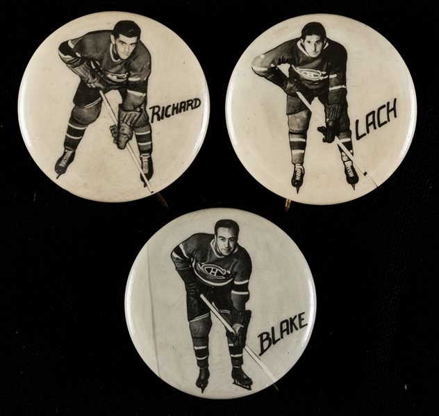 Maurice Richard, Elmer Lach and Hector "Toe" Blake 1948 Montreal Canadiens Pep Cereal Pins (3)