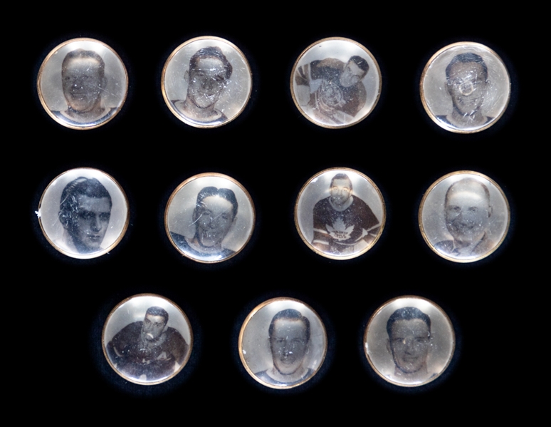 1949-51 Bee Hive Premium Ring / Tie Clip Tops (11) Including Maurice Richard, Bill Durnan, Happy Day, Ted Kennedy, Turk Broda, Max Bentley and Doug Bentley