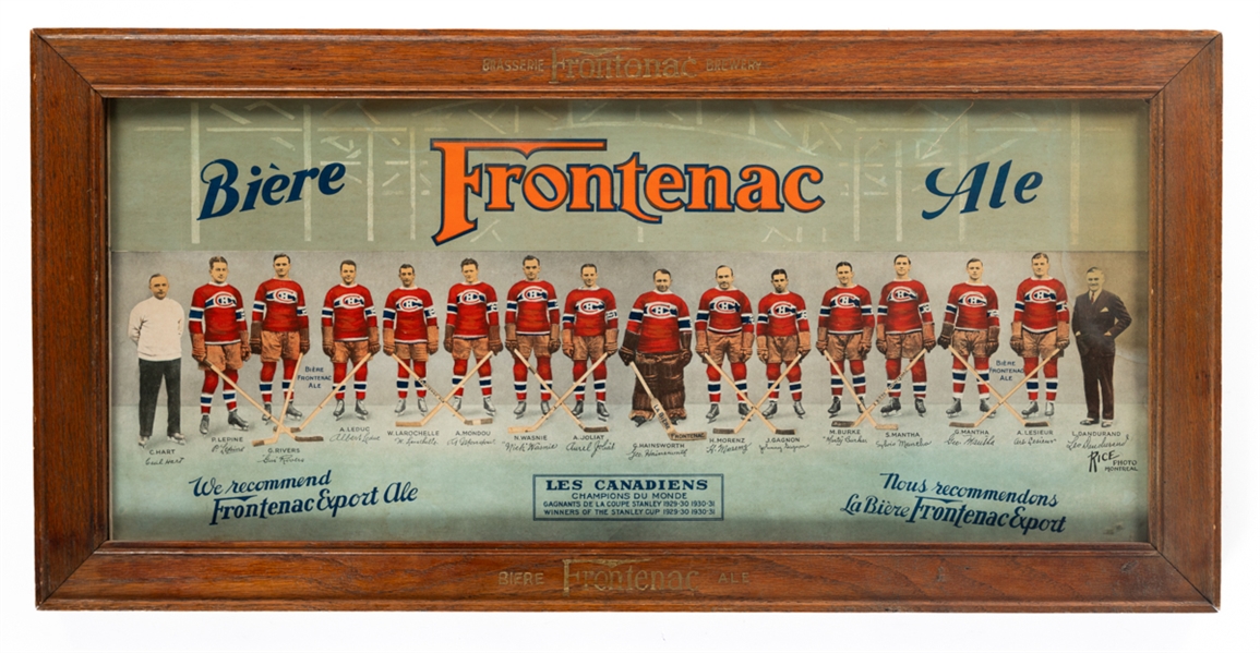 Montreal Canadiens 1930-31 Stanley Cup Champions "Frontenac Beer" Advertising Team Picture in Original Frame Featuring HOFers Morenz, Joliat, Hainsworth, Mantha and Dandurand (16 ½” x 33 ½”)