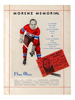 1937 Howie Morenz Memorial Game Program and Ticket Stub