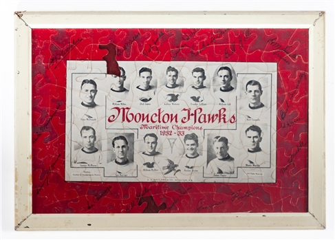 1932-33 Moncton Hawks Framed Puzzle *(11" x 15") and 1934 Hawks Mini Stick 