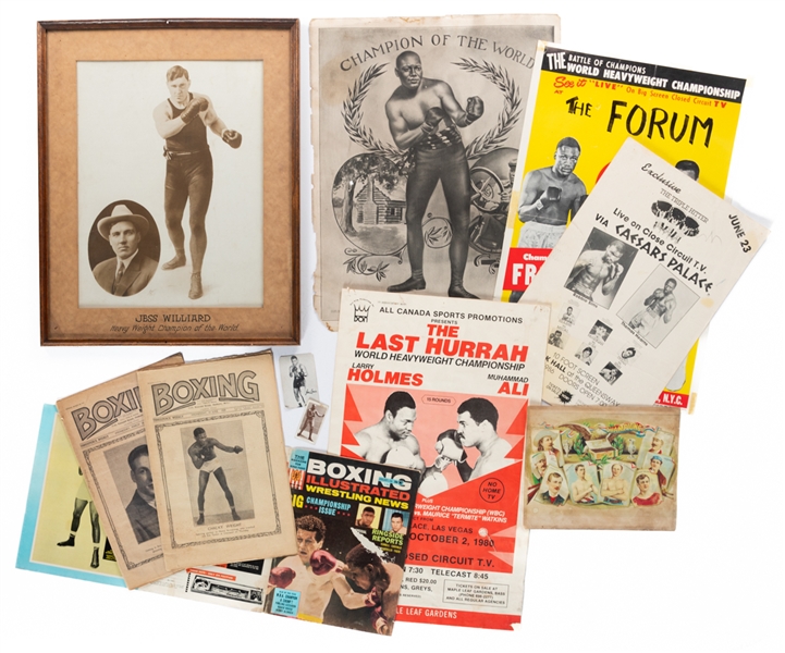 Boxing Collection including 1909 Jack Johnson Poster, Early-1900s Jess Willard Framed Photo, 1938 W.A. & A.C. Churchman Jack Johnson Card and More!