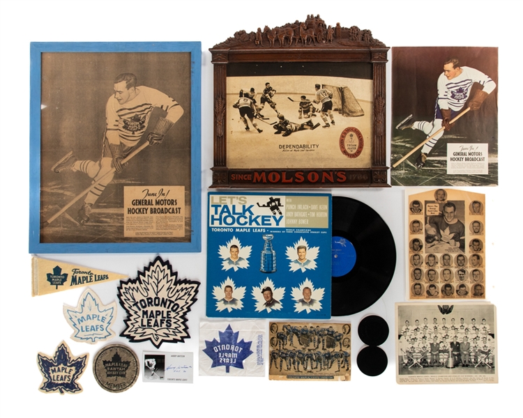Vintage Toronto Maple Leafs Memorabilia Lot including 1930s Molson Advertisement in the Original Frame, Team Crests and Team Photos 