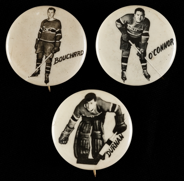 Bill Durnan, Emile Bouchard and Buddy OConnor 1948 Montreal Canadiens Pep Cereal Pins (3)