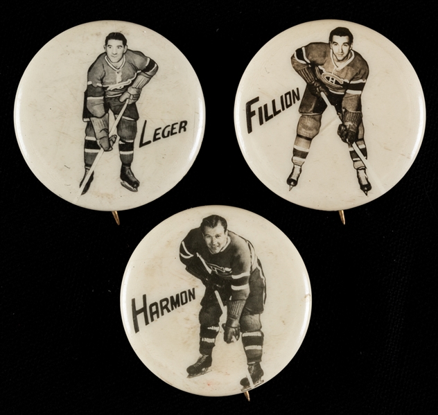 Roger Leger, Bob Fillion and Glen Harmon 1948 Montreal Canadiens Pep Cereal Pins (3)