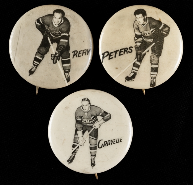 Billy Reay, Jim Peters and Leo Gravelle 1948 Montreal Canadiens Pep Cereal Pins (3)