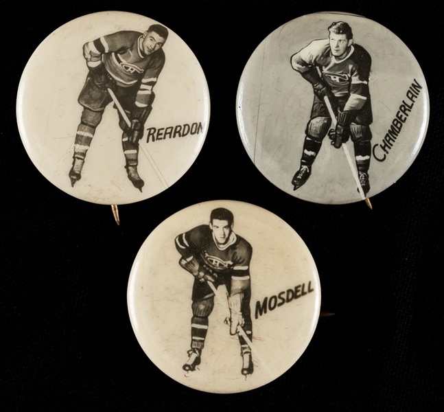 Ken Reardon, Murph Chamberlain and Ken Mosdell 1948 Montreal Canadiens Pep Cereal Pins (3)
