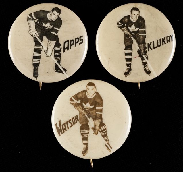 Syl Apps, Joe Klukay and Harry Watson 1948 Toronto Maple Leafs Pep Cereal Pins (3)