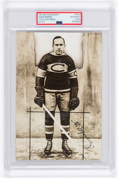 Deceased HOFer Howie Morenz Signed 1930s Montreal Canadiens Type III Photograph with PSA/DNA LOA (Auto Graded 8) - Image used for Morenzs 1933-34 V129 Anonymous and Canadian Gum V252 Hockey Cards!