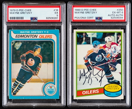1979-80 O-Pee-Chee Hockey Card #18 HOFer Wayne Gretzky Rookie (Graded PSA 5) and 1980-81 O-Pee-Chee Signed Hockey Card #250 HOFer Wayne Gretzky (Graded PSA 6 - PSA/DNA Certified)