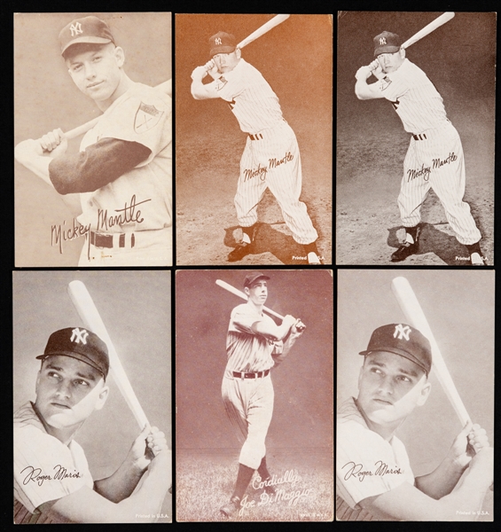 1939 to 1966 New York Yankees Baseball Exhibit Cards (6) Including Joe DiMaggio, Mickey Mantle (3) and Roger Maris (2)