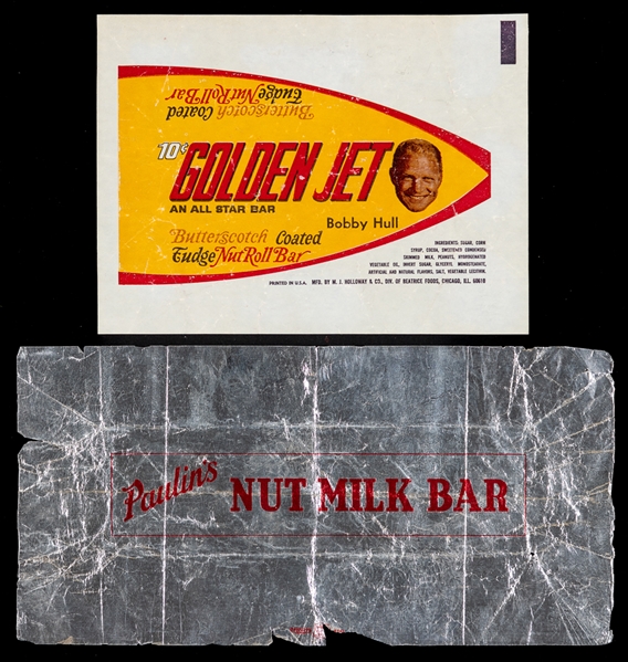 Vintage Paulins Nut Milk Bar Wrapper and 1969-70 Bobby Hull All-Star Bar Wrapper