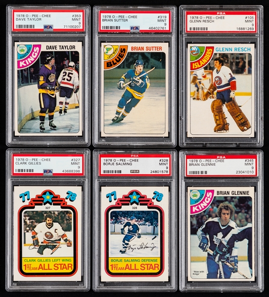 1978-79 O-Pee-Chee PSA Graded Hockey Card Collection of 17 Including Rookie Cards of Dave Taylor (PSA 9) and Brian Sutter (PSA 9) - Most Graded PSA MINT 9!