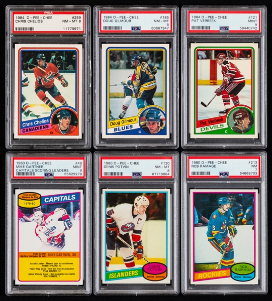 1980-81 to 1984-85 O-Pee-Chee High-Grade Graded Hockey Card Collection of 11 Including Rookie Cards of Verbeek, Doug Gilmour and Chris Chelios - All NM 7 or Better! 