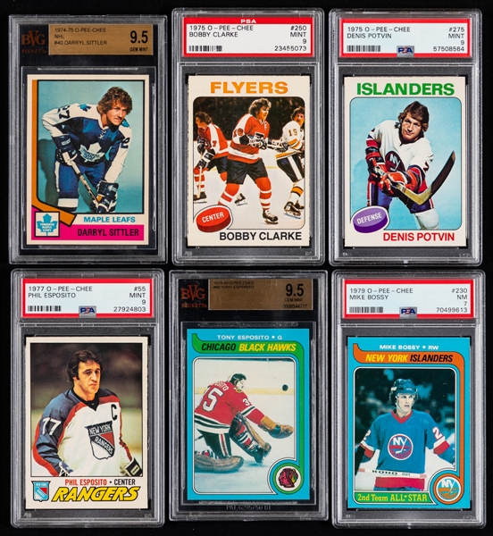 1974-75 to 1979-80 O-Pee-Chee PSA and BVG Graded Hockey Card Collection of 6 Including Sittler, Clarke, Potvin, P. and T. Esposito and Bossy - Most Graded MINT 9 or Higher!
