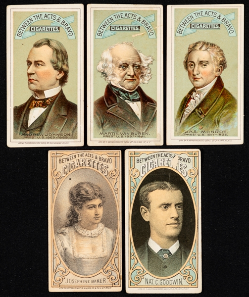 1880 N346 Between the Acts Presidents of the US Cards (3 - Monroe, Van Buren and Johnson) Plus 1880/1892 Between the Acts & Bravo Cards (2 - Baker and Goodwin)