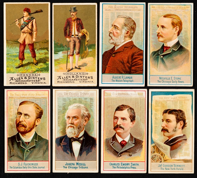 1886 to 1889 Allen & Ginter Tobacco Cards (39) Inc. N16 Natives in Costumes, N1 American Editors, N3 Arms of All Nations, N31 Worlds Dudes, N34 Worlds Sovereigns and Others