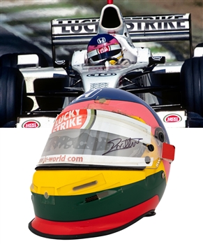 Jacques Villeneuves 2001 Lucky Strike BAR Honda F1 Team Bell Race-Worn Helmet with His Signed LOA – United States Grand Prix