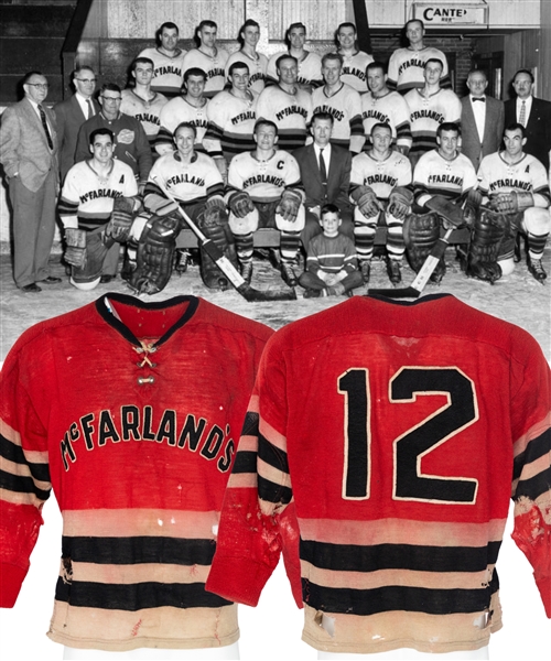 Belleville McFarlands Late-1950s #12 Game-Worn Wool Jersey Gifted By Red Berenson - Numerous Team Repairs! 