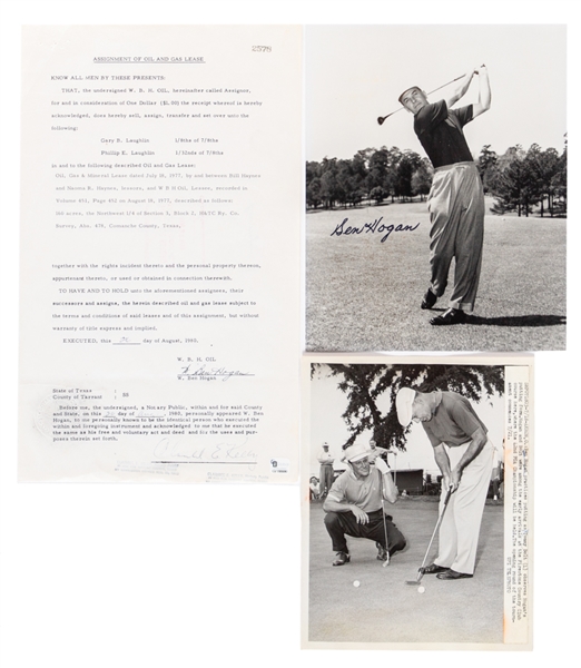 Deceased HOFer Ben Hogan Signed Photo with JSA Auction LOA and Signed W.B.H. Oil Document with PSA/DNA LOA Plus Hogan and Bolt 42nd PGA Championship Photo