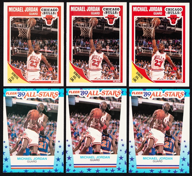 1989-90 Fleer Basketball Complete 168-Card Sets (5) and Complete 11-Sticker Sets (5), Partial Card Set Inc. Jordan and Rack Packs (5)