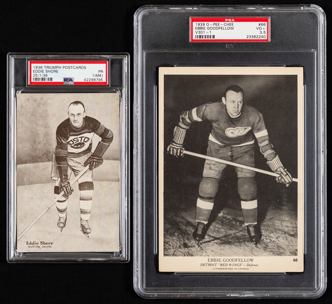 1936 Triumph Hockey Postcard of Eddie Shore (PSA 1 MK) Plus 1939-40 O-Pee-Chee V301-1 PSA-Graded Hockey Cards (3) of Goodfellow, Watson and Deacon